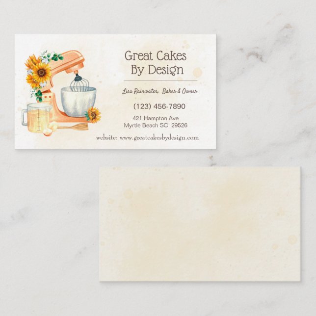 Affärskorten gult Blommigt Kake Baker Visitkort (Fram/baksida)