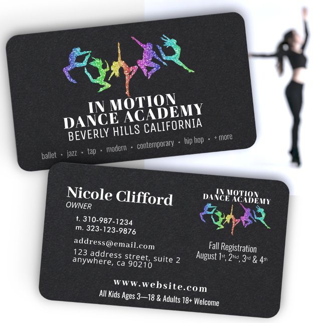Affärskorten Rainbow Glitter Dance Studio Black Visitkort (Skapare uppladdad)