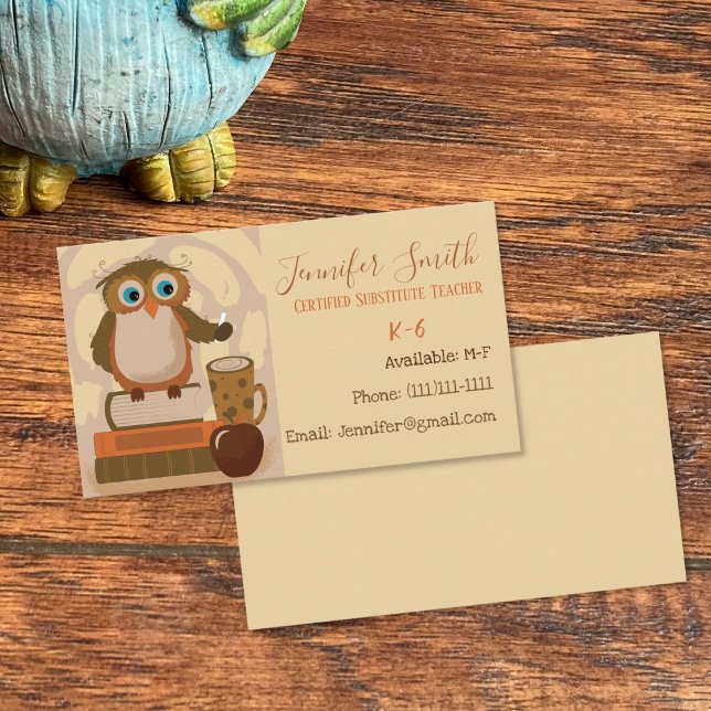 Affärskorten Uggla Suppleant Lärare Standard Visitkort (Cute educator contact cards .)