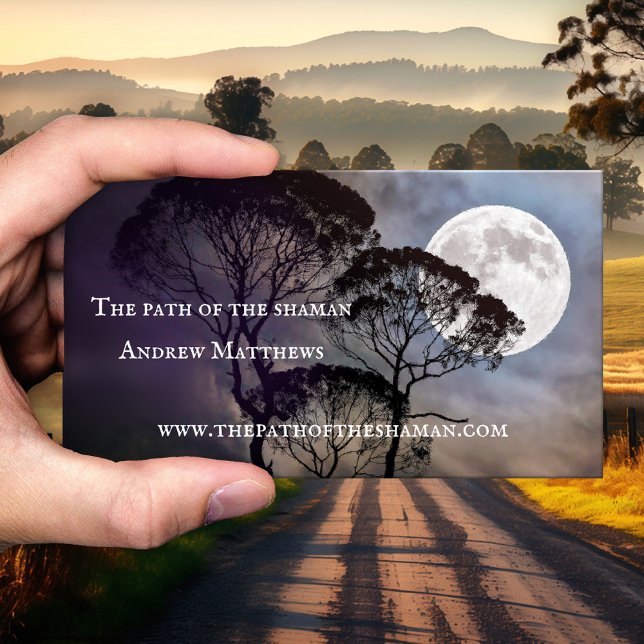 Affärskortet Andlig Counselor Shaman Photo  Visitkort (Spiritual shaman business card featuring a moon shining through the trees - with photo or QR code)