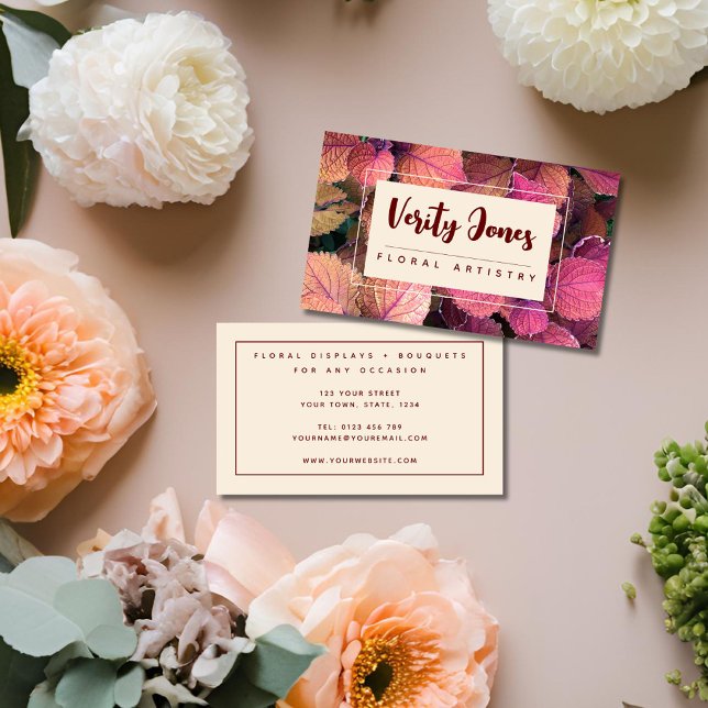 Affärskortet anpassade Blommigt Visitkort (Warm floral tones, pink, burgundy, cream, elegant florist or floral business card)
