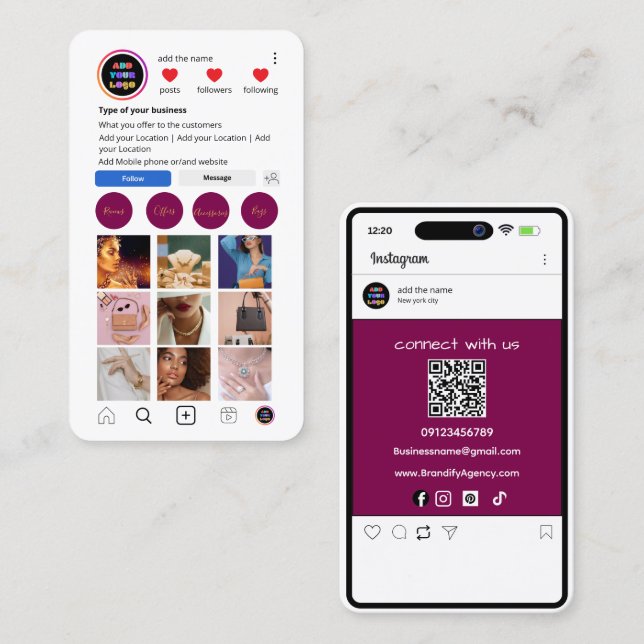 Affärskortet anpassningsbar Instagram | social med Visitkort (Fram/baksida)