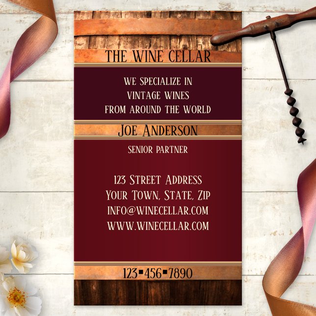 Affärskortet Antique Barrel Rustic Vin Seller Visitkort (Business card featuring a rustic wine barrel with stylized rose gold - winery - vineyard - sommelier)