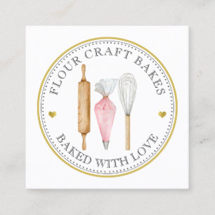Affärskortet Bakers Rosa Guld Logotyp Utensils Fyrkantigt Visitkort