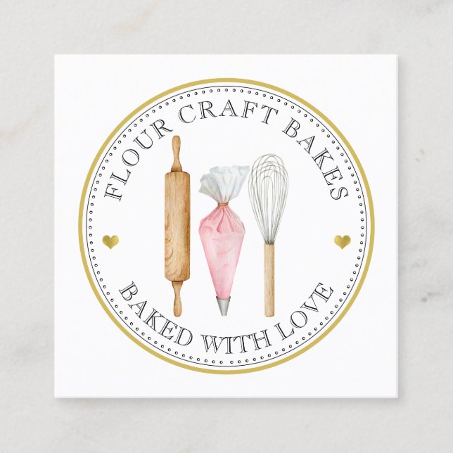 Affärskortet Bakers Rosa Guld Logotyp Utensils Fyrkantigt Visitkort (Framsida)