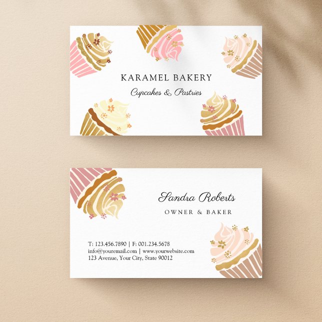 Affärskortet Bakery för  Rosa Guld Muffins  Visitkort (Blush Pink and Gold Cupcakes Bakery Business Card)