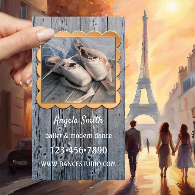 Affärskortet Ballet Dance Photo Teacher Visitkort (Business card showing your photo framed by a curvy rose gold design on rustic wood - ballet teacher)