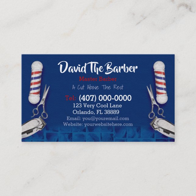 Affärskortet Barbershop (Barber pole och Clippers) Visitkort (Framsida)