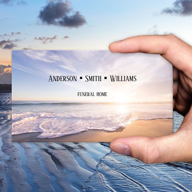 Affärskortet Beach Funeral Creformation Services Visitkort (A business card featuring a sunset on the beach. Cremation services - undertaker - funeral home)