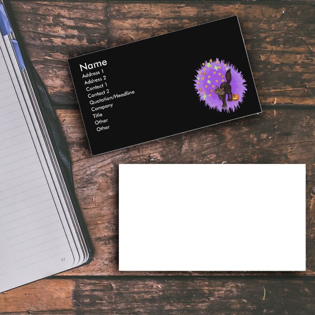 Affärskortet Black Cat Halloween Fireworks Anpassn Visitkort (Cute black cat arched back with pumpkins ghosts stars in purple starburst on black business cards.)