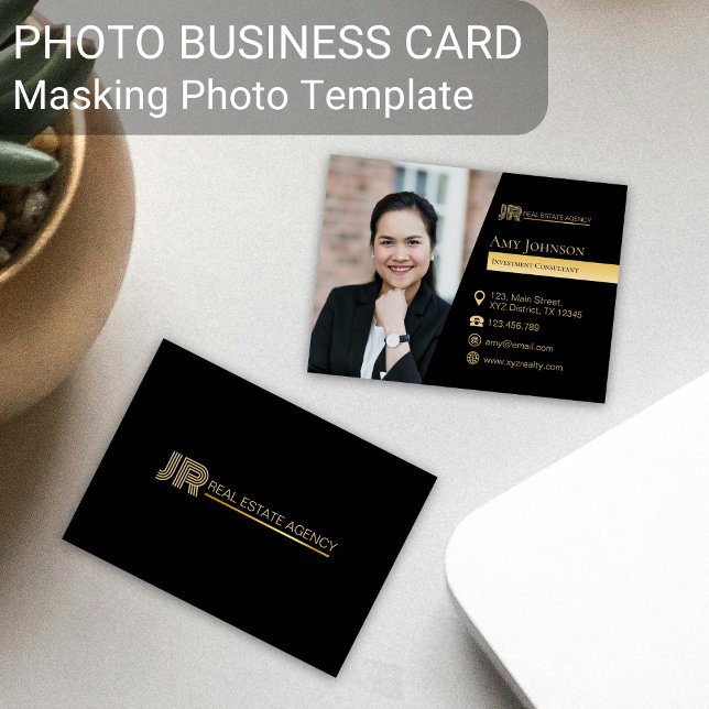 Affärskortet Black Färg, maskera fotomall Visitkort (Black gold color custom business card masking shape element design tool)