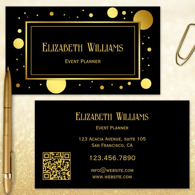 Affärskortet Black Guld Confetti Event Planner Visitkort (Business card featuring a black and gold printed confetti design. Beautiful for an event planner)