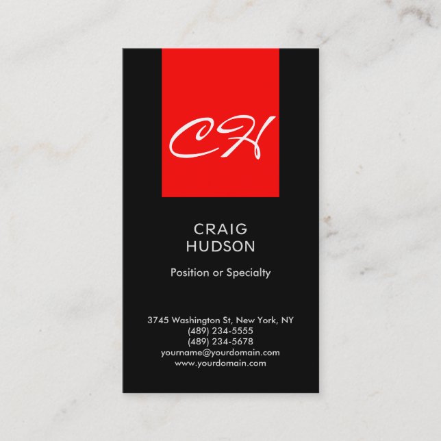 Affärskortet Black Red Chic Monogram Professionell Visitkort (Framsida)