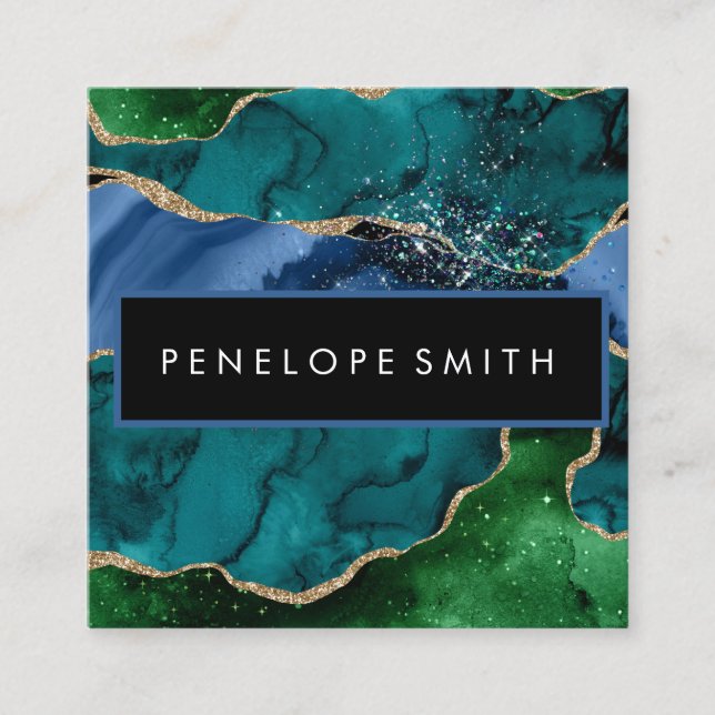 Affärskortet Blått och Grönt Agate Abstrakt Square Fyrkantigt Visitkort (Framsida)