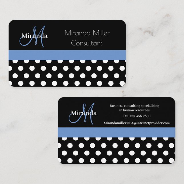 Affärskortet Blue Monogram Black White Polka Dot Visitkort (Fram/baksida)