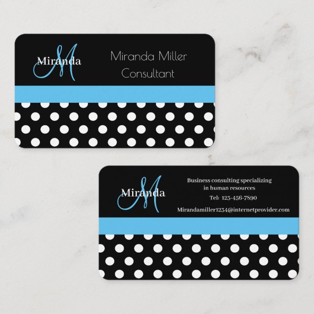 Affärskortet Blue Monogram Black White Polka Dot Visitkort (Fram/baksida)