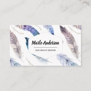 Affärskortet Blue Watercolor Feathers Modern Boho Visitkort