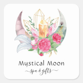 Affärskortet Boho Måne Crystals Feathers Flowers Fyrkantigt Klistermärke