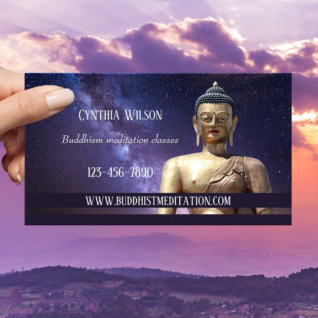 Affärskortet Buddhist Meditation Lärare Visitkort (Spiritual meditation business card featuring an image of the Buddha on a galaxy Milky Way background)