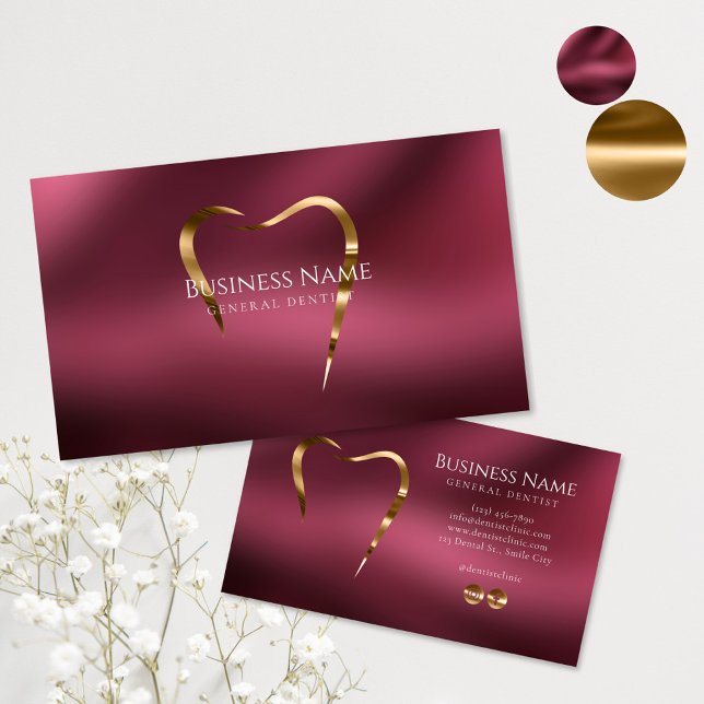 Affärskortet Burgundy & Guld Dentist Visitkort (Skapare uppladdad)