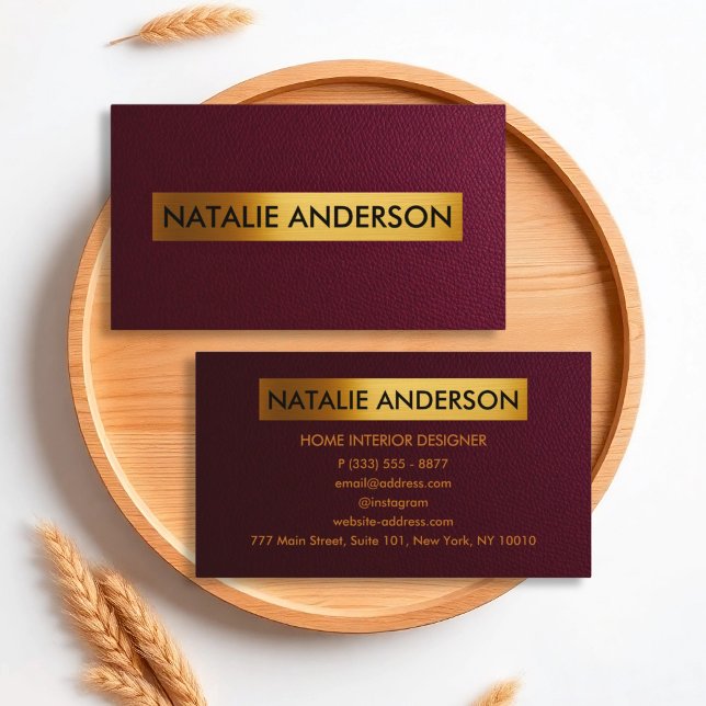 Affärskortet Burgundy Leather & Gold Foil Visitkort (Skapare uppladdad)