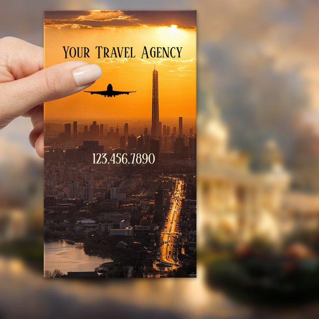 Affärskortet china Business Travel Agency Visitkort (Business card featuring a plane at sunset above a Chinese city - China - travel - travel agent)