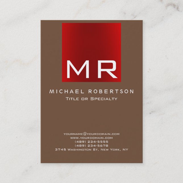 Affärskortet Coffee Brown Red Snyggt Monogram Visitkort (Framsida)