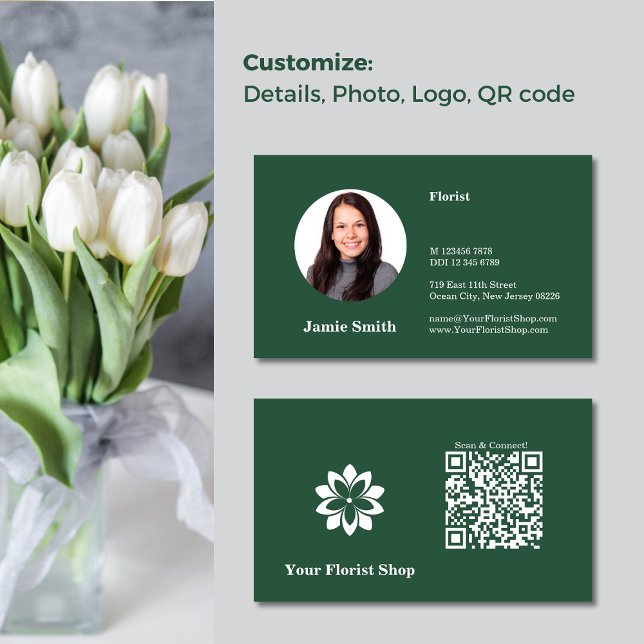 Affärskortet Connect, Florist Grönt & White Photo Lojalitetskort (Connect, Florist Green & White Photo Business Card, Logo Template, QR code)