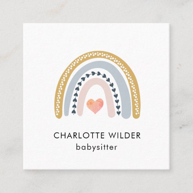 Affärskortet Cute Boho Rainbow Babyvvakt Fyrkantigt Visitkort (Framsida)