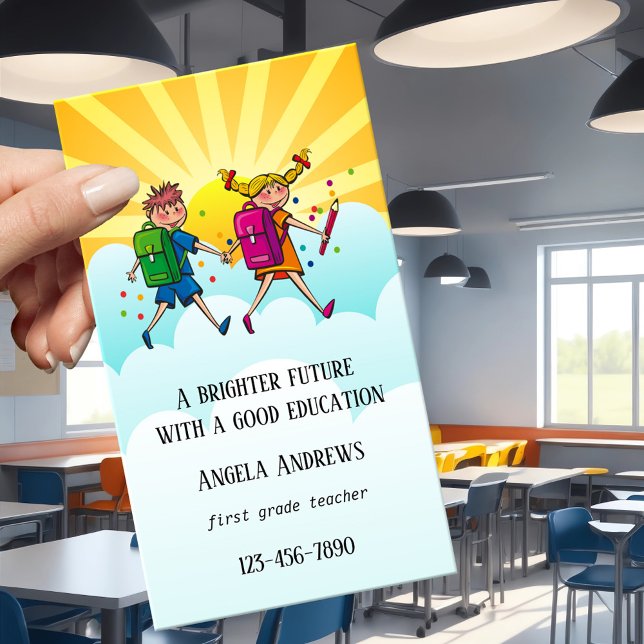 Affärskortet Cute Colorful Teacher Visitkort (A cute colorful business card featuring two schoolchildren with their backpacks - elementary teacher)