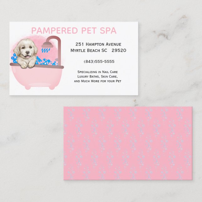 Affärskortet Cute Hund Bath Rosa Pet Groomer Visitkort (Fram/baksida)