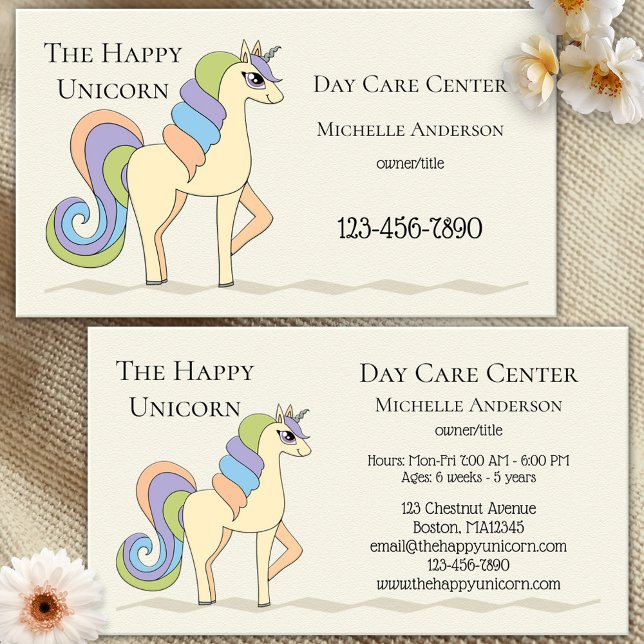 Affärskortet Cute Pastel Unicorn Child Care Visitkort (Business card in pastel colors featuring an illustration of a cute unicorn - child day care center)