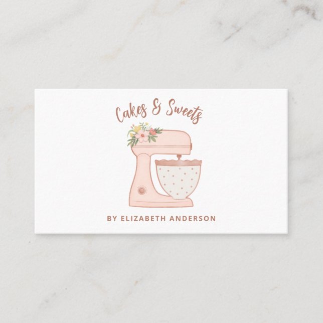 Affärskortet Cute Rosa Blommigt Cake Mixer Bakery Visitkort (Framsida)