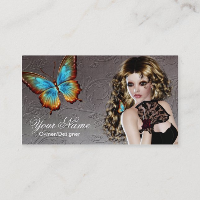 Affärskortet Fantasy Brunette Butterfly Woman Visitkort (Framsida)