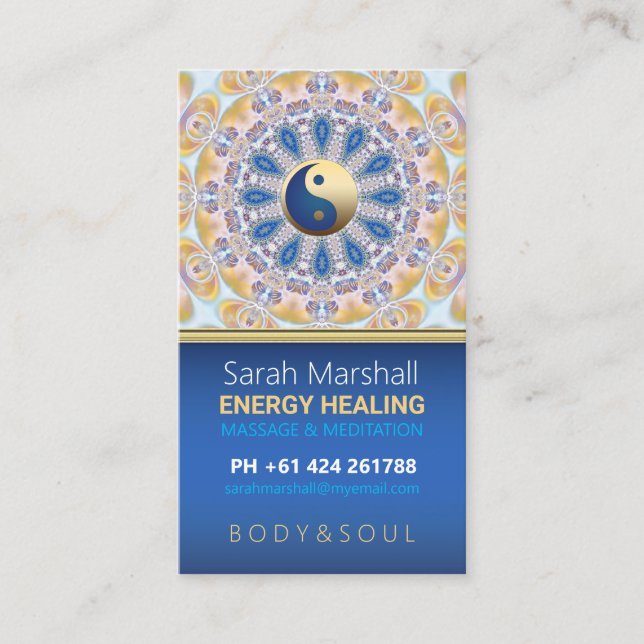 Affärskortet Färg Energy Healing Blue Gult Visitkort (Framsida)
