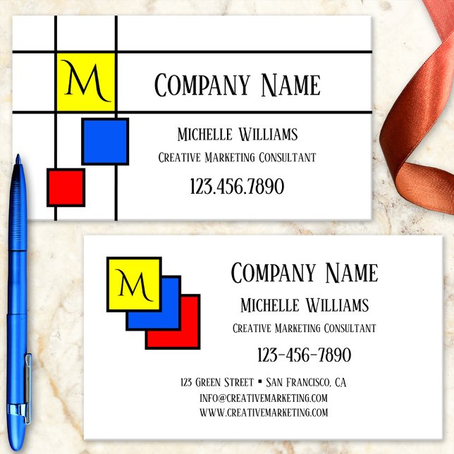 Affärskortet Färg Marknadsföring i primärt monogra Visitkort (Business card featuring a Mondrian inspired design in primary colors)