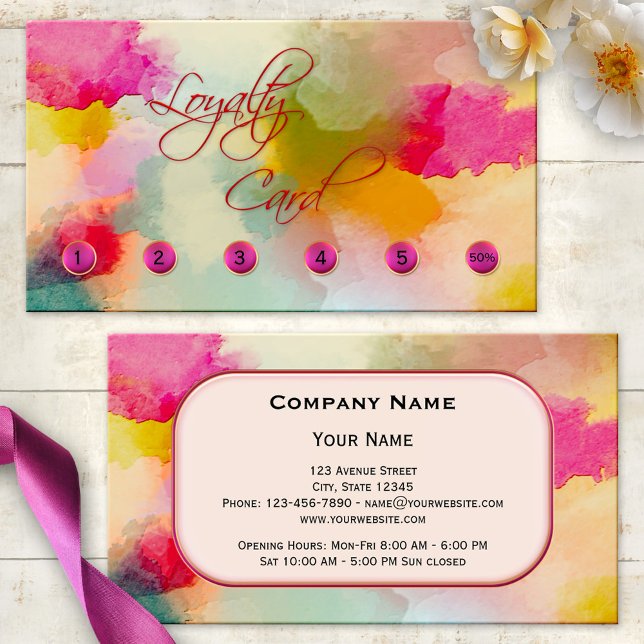 Affärskortet Färgfull konstnärlig lojalitet Slår k (A vibrant artistic watercolor loyalty business card with dots to mark punch holes or to cross out)