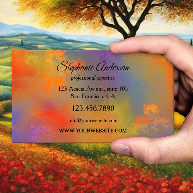 Affärskortet Färgkonst Professionell Visitkort (A colorful business card featuring an abstract painting.)