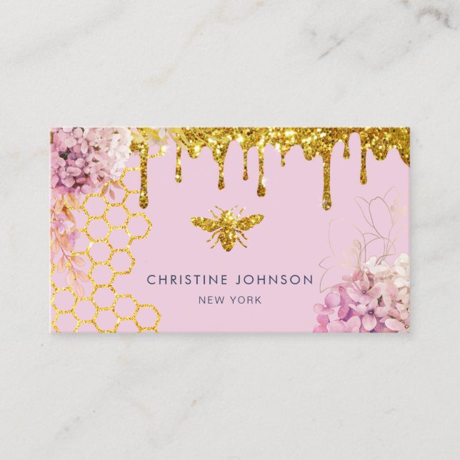 affärskortet faux glitter bi och blommor visitkort (Framsida)