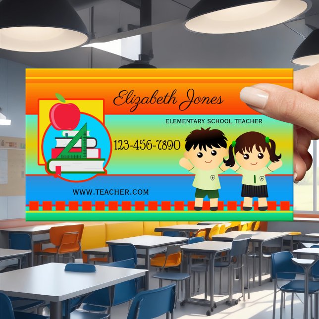 Affärskortet Fetstiskt grundskolelärare Tidsbeställning Kort (Business card in bold colors with kids - primary school or elementary teacher - colorful - whimsical)