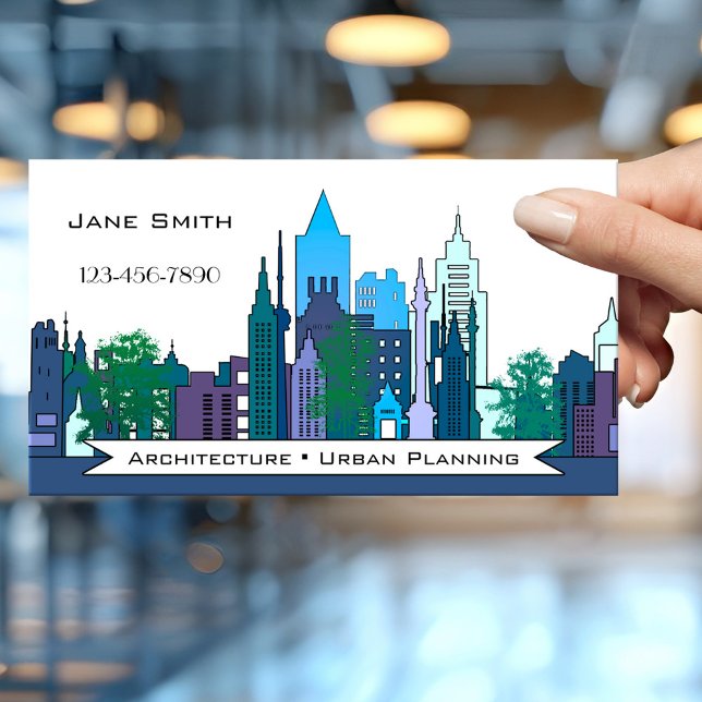 Affärskortet för arkitektur för stadsplanering visitkort (Modern design professional architect or urban planner business card featuring a city skyline)
