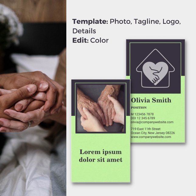 Affärskortet för Compassionerad Grönt Home Care Lojalitetskort (Compassionate Care Green Home Care Business Card, Tagline, Photo, Logo)