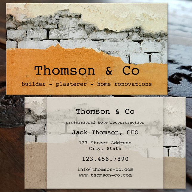 Affärskortet för hemrenovering av mästerverk visitkort (Business card featuring a wall under construction. Great for a builder, plasterer, home renovation)