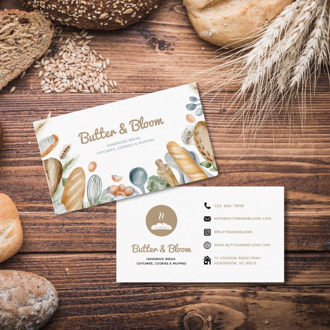 Affärskortet för Social-medieikoner i bakery Visitkort (Boho Bakery Logo Social Media Icons Business Card)