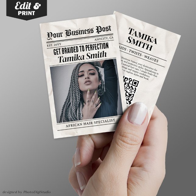 Affärskortet för tidningar, African Hair Braiding (Newspaper Business Card, African Hair Braiding Calling Card)
