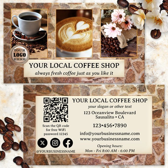 Affärskortet Foto QR Code Coffee Shop Visitkort (Business card for coffee shop owners, featuring your own photos on an industrial stone wall design)