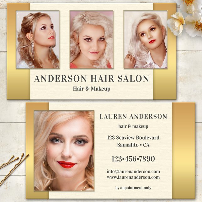 Affärskortet Foton Guld Hair Beauty Visitkort (Makeup and hair salon business card featuring your photos portfolio on gold and cream)
