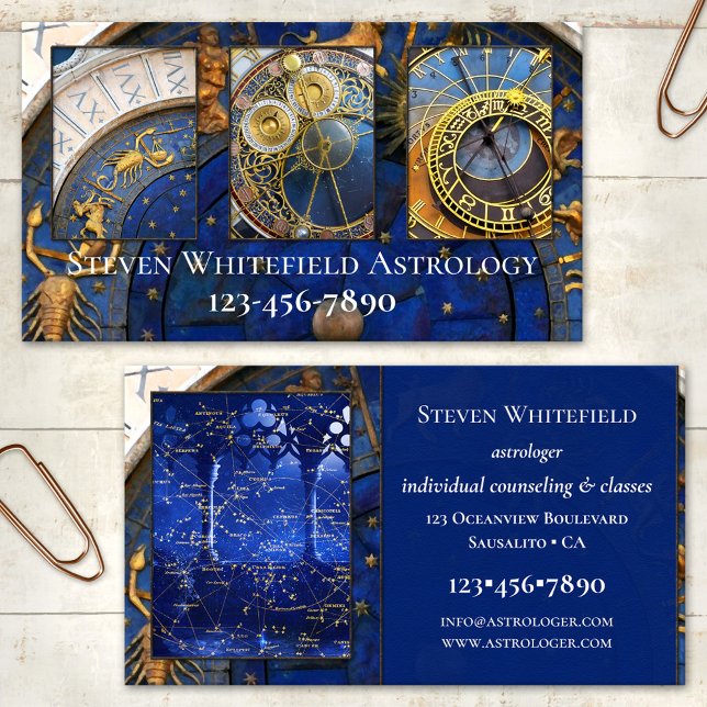 Affärskortet Foton Professionell Astrologer Visitkort (Astrology business card featuring your photos framed by an astrological clock)