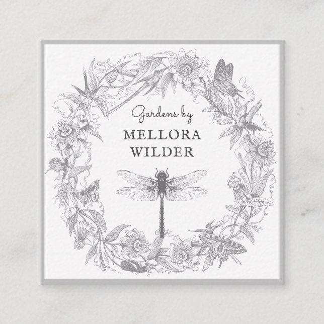 Affärskortet Gardener Dragonfly Blommigt Fyrkantigt Visitkort (Framsida)