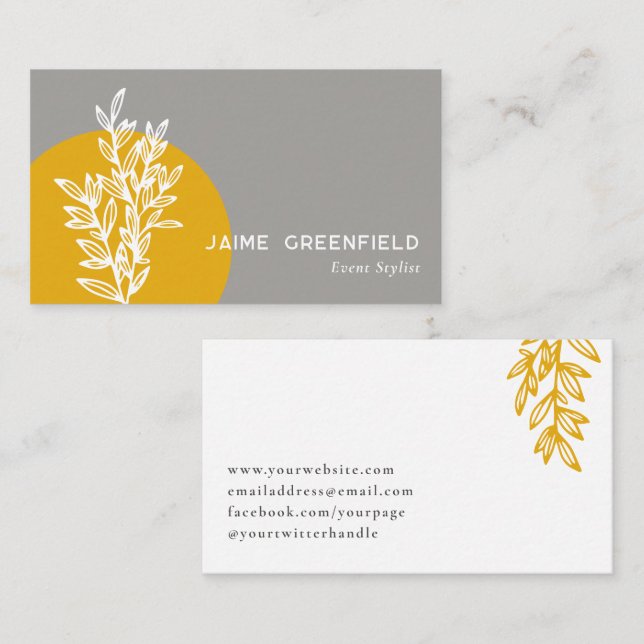 Affärskortet Goldenrod & Grått Greenery Line Art Visitkort (Fram/baksida)
